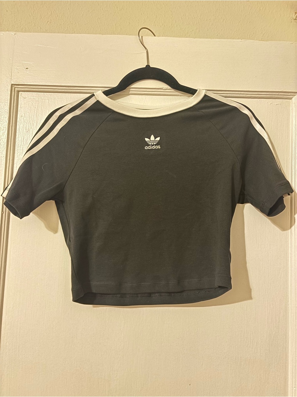 NWOT Women’s Adidas Black Cropped Tee with White Stripes